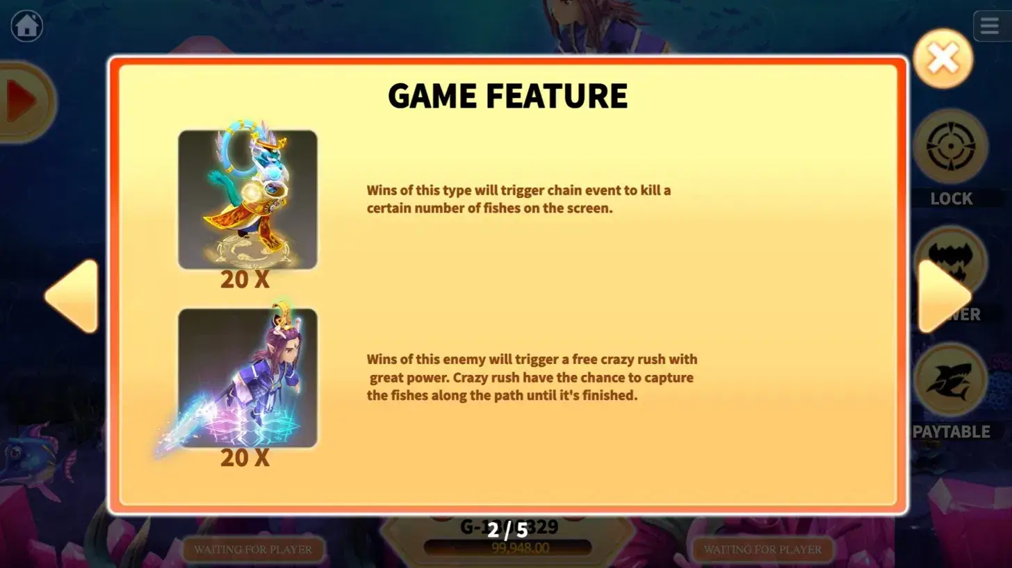 Hungry Shark game feature screen showing Chain Event and Crazy Rush special targets worth 20x