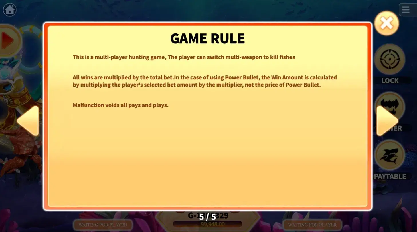Hungry Shark slot game rules screen showing multiplier calculation and Power Bullet rules