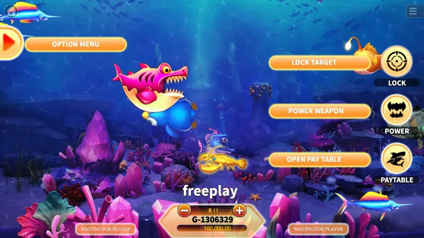 Hungry Shark slot main gameplay screen with ocean backdrop, fish targets, and HUD controls