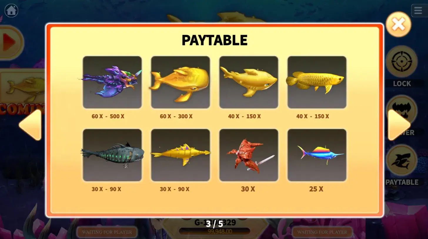 Hungry Shark slot paytable screen 1 showing premium targets including dragon fish 60x-500x, golden whale 60x-300x, gold shark and arowana 40x-150x