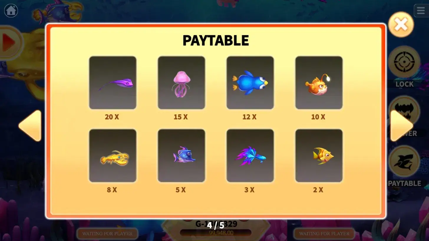Hungry Shark slot paytable screen 2 showing common targets from 2x to 20x including ray, jellyfish, lobster and clownfish