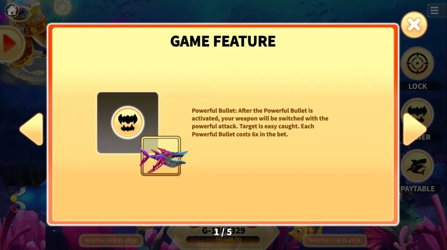 Hungry Shark Power Bullet game feature screen showing the powerful weapon description