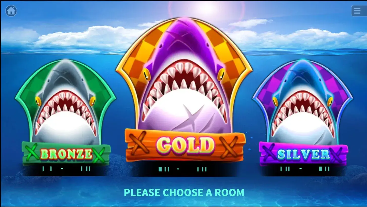 Hungry Shark slot room selection screen showing Bronze, Silver and Gold shark emblems